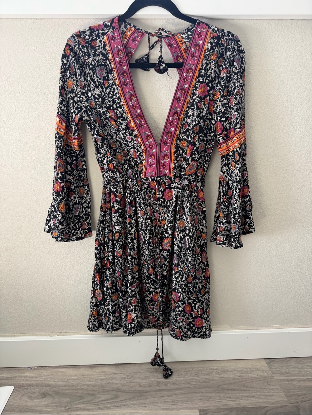 Bohemian Rapsodia Floral V-Neck Mini Dress in Black and Pink